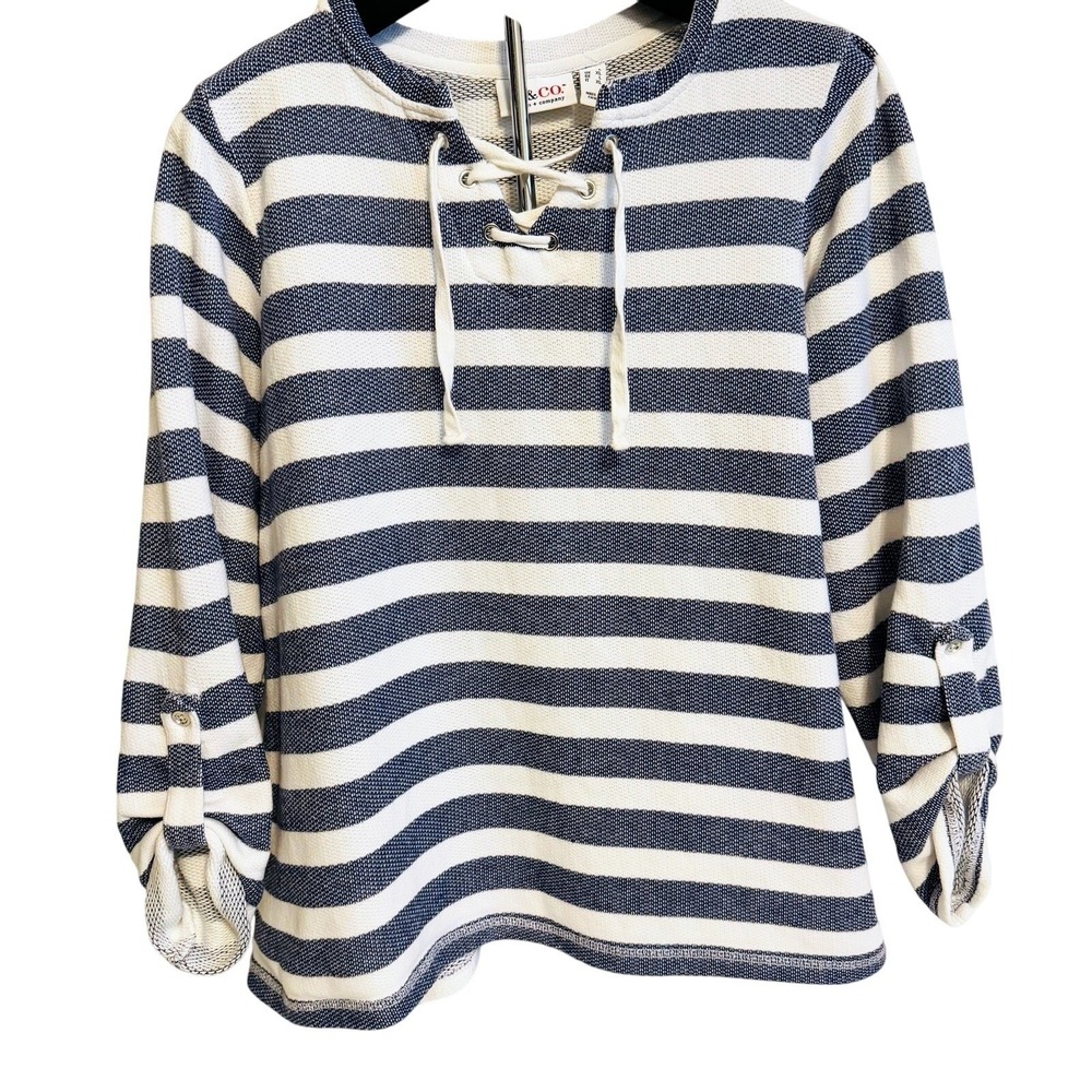 Womens Long Roll-Up Sleeve Striped Top Sz L Nautical Coastal Travel Cruise